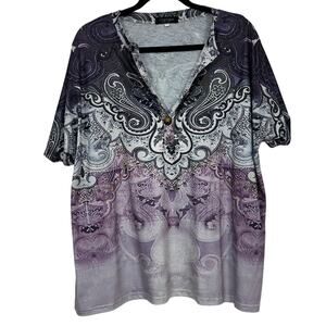 Camisa Purple Paisley Short Sleeve Blouse Womens 2X Henley Shirt Casual Stretch